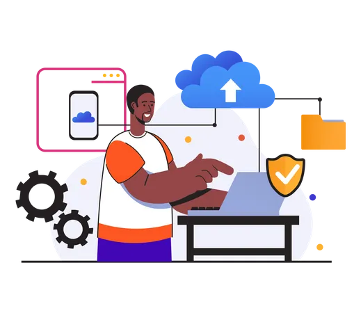 Man uploading data to secure cloud  Illustration