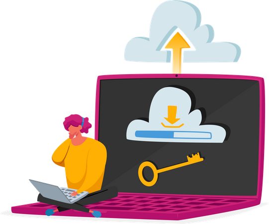 Man uploading data to secure cloud storage Illustration