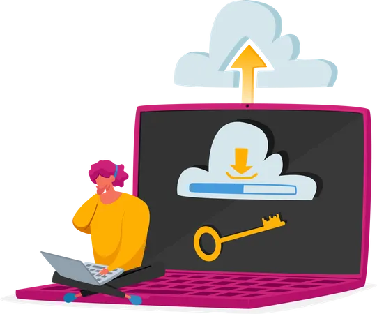 Man uploading data to secure cloud storage  Illustration
