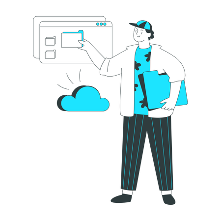 Man uploads data to cloud storage  Illustration