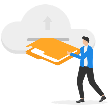 Man uploads folder with documents to cloud  Illustration