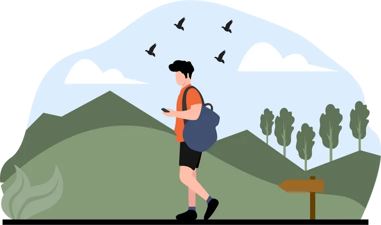 Man use mobile phone while trekking  Illustration