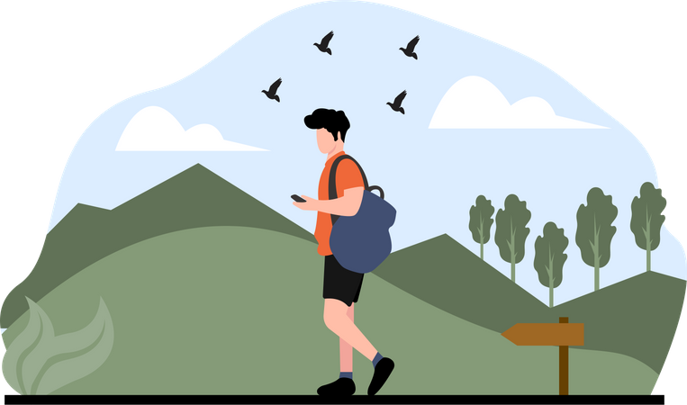 Man use mobile phone while trekking  Illustration