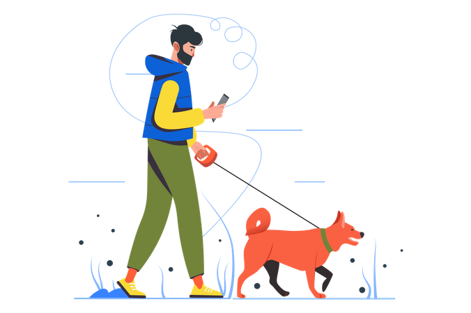 Man Use Mobile While Walking With Dog  Illustration