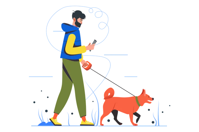 Man Use Mobile While Walking With Dog  Illustration