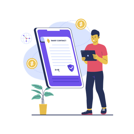 Man use smart contract technology  Illustration