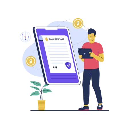 Man use smart contract technology  Illustration