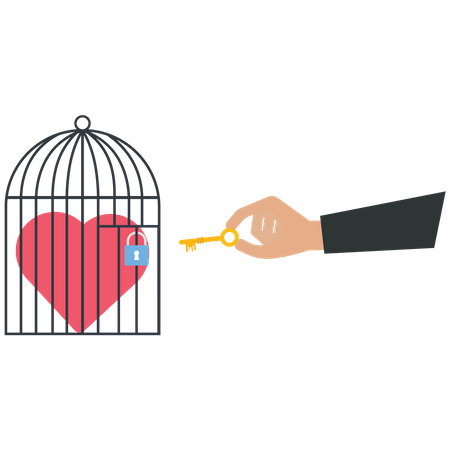 Man uses a key unlock heart from a cage  Illustration