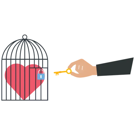 Man uses a key unlock heart from a cage  Illustration