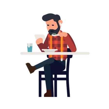 Man uses a phone while having a meal Illustration