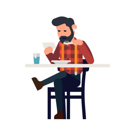 Man uses a phone while having a meal  Illustration