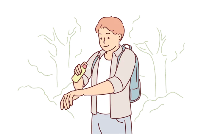 Man uses anti-mosquito spray while walking in forest or natural park in summer weather  Illustration