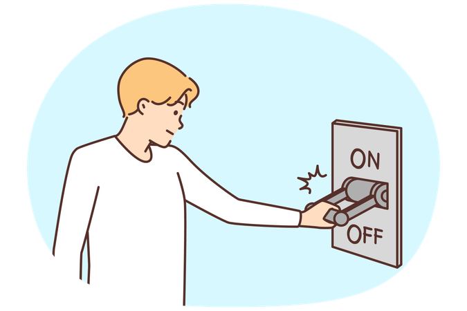 Man uses breaker to turn off electricity or stop internet connection  Illustration