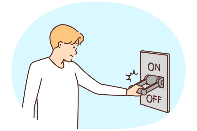Man uses breaker to turn off electricity or stop internet connection  Illustration