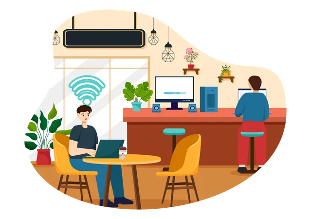 Internet Cafe Vector Illustration With Building For Young People Playing Games Workplace Use A Laptop Talking And Drinking In Flat Background Illustration