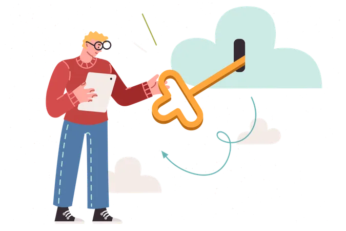 Man Uses Cloud Technologies To Store And Process Data Holds Large Key In Hands For Gain Access To Cloud Young Casual Guy Stores Data On Virtual Hosting For Ensure Information Security Illustration
