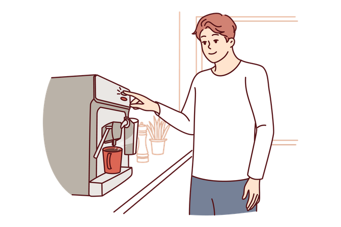 Man uses coffee machine standing in kitchen of apartment  Illustration