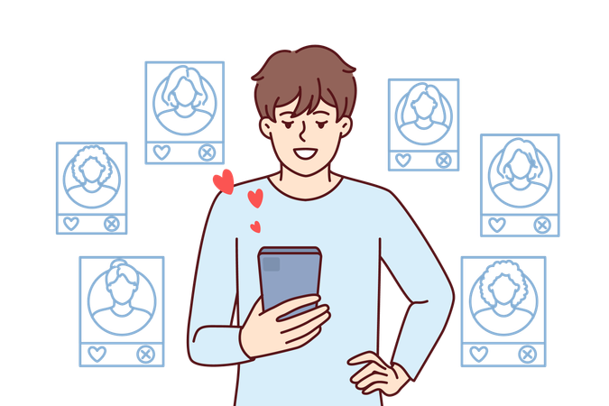 Man uses dating applications on mobile  일러스트레이션