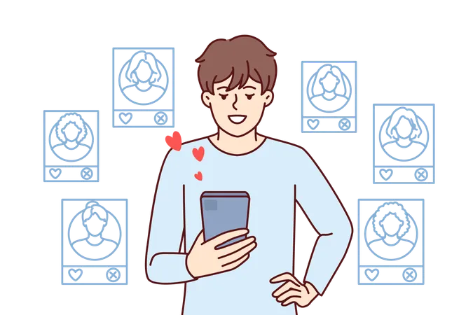 Man uses dating applications on mobile  일러스트레이션