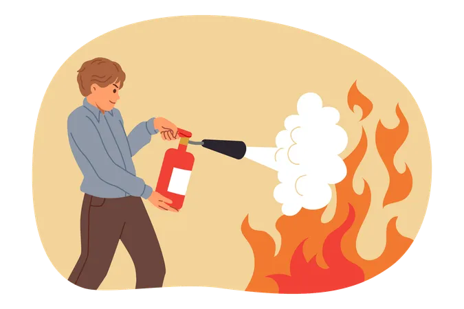Man Uses Fire Extinguisher Heroically Approaching Flame And Trying To Put Out Source Of Danger With Foam Guy Office Worker Fights With Burning At Workspace Holding Red Fire Extinguisher In Hands 일러스트레이션