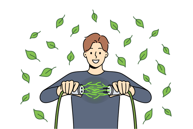 Man uses green energy obtained from environmentally friendly sources and connects two wires  Illustration