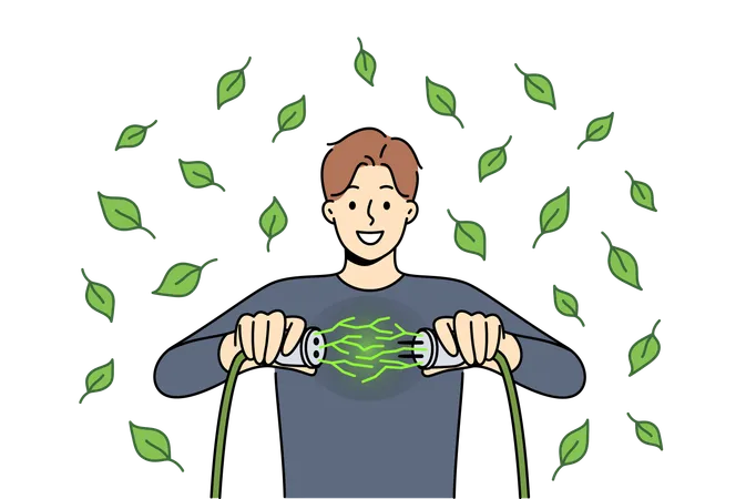 Man Uses Green Energy Obtained From Environmentally Friendly Or Alternative Sources And Connects Two Wires Guy Rejoices At Receiving Regenerative Green Energy To Reduce Co 2 Emissions Illustration