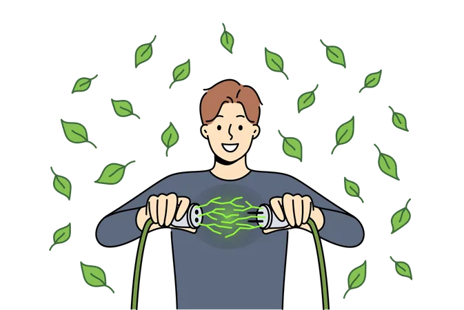 Man uses green energy obtained from environmentally friendly sources and connects two wires  Illustration