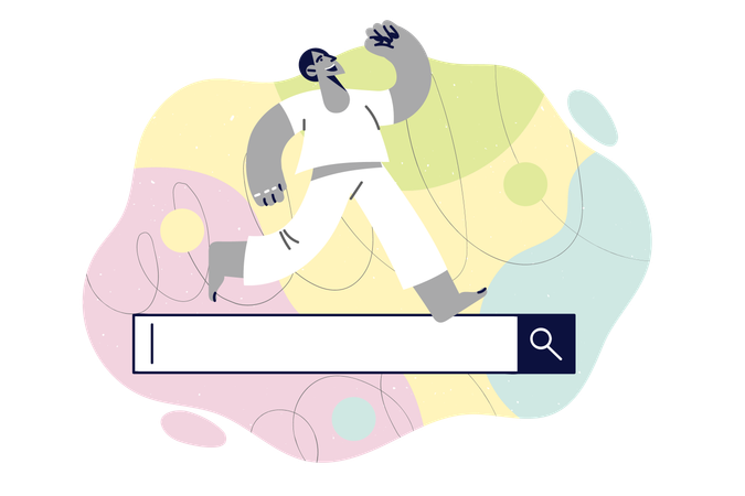 Man uses internet search technologies and runs along string for user request  Illustration