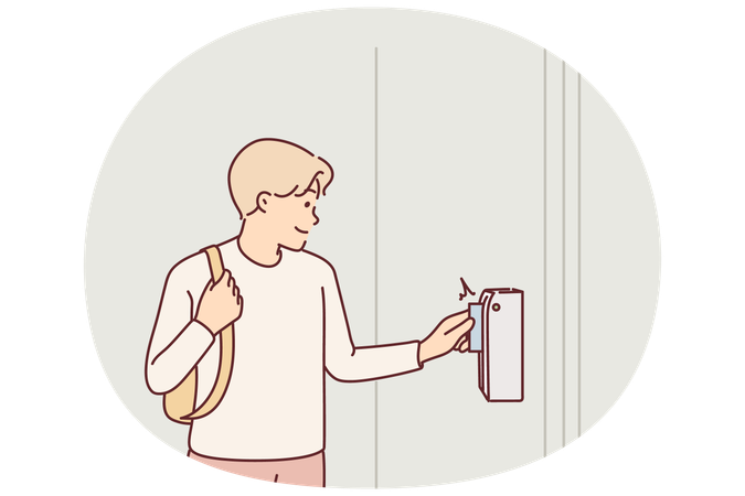 Man uses key-card to open door to gain access to back room in office  Illustration