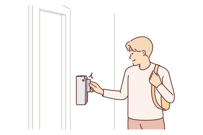 Man uses key-card to open door to gain access to back room in office  イラスト