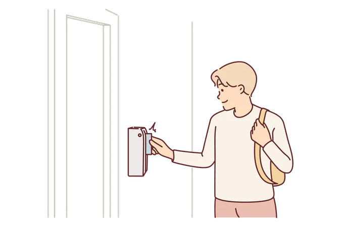 Man Uses Key Card For Open Door And Gain Access To Back Room In Office Guy With Key Card For Identification And Authorization Of Company Employees Coming To Work And Gaining Access In Building Illustration