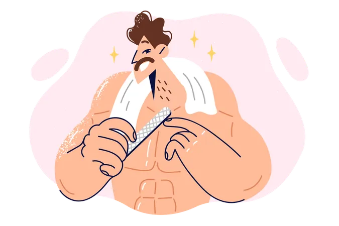 Man Uses Nail File To Care For Hands Or Cuticles Standing With Torso Bare And Towel Around Neck Smiling Muscular Guy Getting Ready For Date And Holding Nail File To Impress Girlfriend Illustration