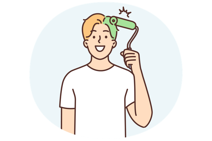 Man uses paint roller to dye hair green and looks at screen smiling for renovation in house  Illustration