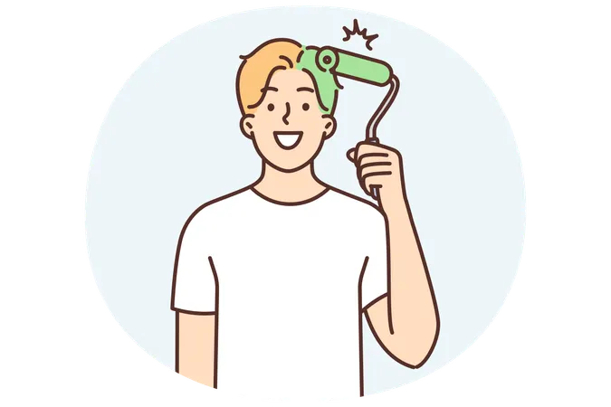 Man uses paint roller to dye hair green and looks at screen smiling for renovation in house  Illustration