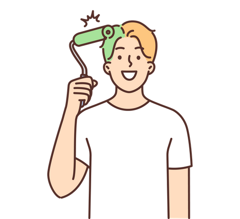 Man uses paint roller to dye hair green  Illustration