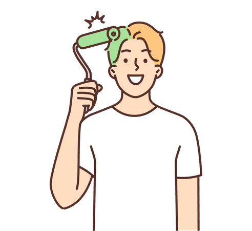 Man uses paint roller to dye hair green  Illustration