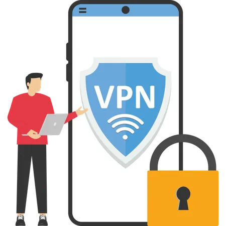 VPN ソフトウェアまたはプラグイン。安全なインターネット接続、データ暗号化のためのアプリ。セキュリティ プロトコル。仮想プライベート ネットワーク、ランディング ページ テンプレート。ユーザーまたは従業員がラップトップを使用します。ベクター イラスト
