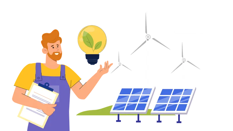 Man uses renewable energy in plant  Illustration