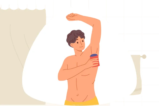 Man uses roll-on deodorant to get rid of sweat on armpits standing in bathroom with torso naked  Illustration