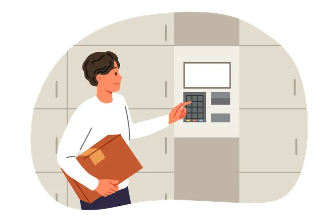 Man Uses Self Service Postal Kiosk To Send Parcel Or Temporarily Store It In Terminal Guy With Box In Hands Enters Password On Dial Electronic Postal Kiosk To Transfer Box To Courier Delivery Service Illustration