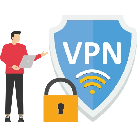 VPN ソフトウェアまたはプラグイン。安全なインターネット接続、データ暗号化のためのアプリ。セキュリティ プロトコル。仮想プライベート ネットワーク、ランディング ページ テンプレート。ユーザーまたは従業員がラップトップを使用します。ベクター イラスト