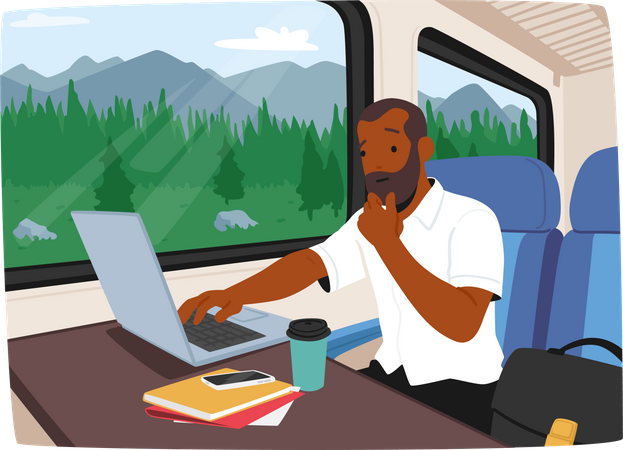 Man Using A Laptop While On  Train Commute  Illustration