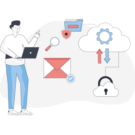 Man using a laptop with a cloud icon above symbolizing cloud computing or online services  Illustration