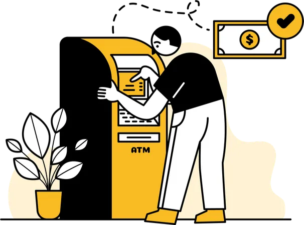 Illustration Of A Man Checking His Savings At An Automated Teller Machine With This Illustration We Offer A Visually Appealing Solution To Simplify And Enhance The Payment Experience For Customers Through Clear And Intuitive Illustrations We Communicate Different Payment Methods Processes And Options In A Clear And Engaging Way イラスト