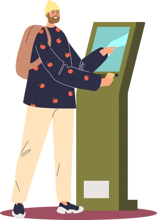 Man Using Terminal For Self Service Payment Modern Touch Screen Informational Kiosk Technology Digital Machine Panels Concept Cartoon Flat Vector Illustration Illustration