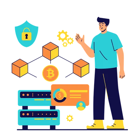 Man using blockchain service  Illustration