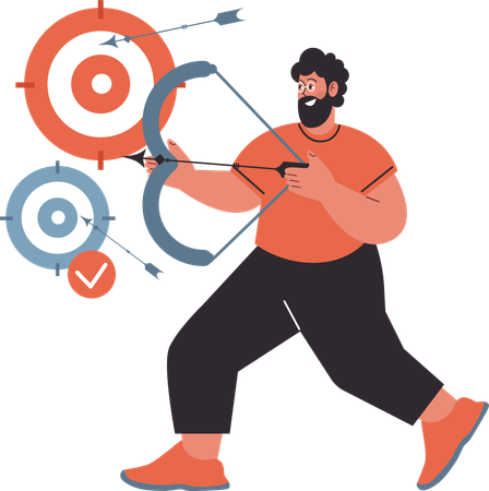 Man using bow and arrow pointing targe  Illustration