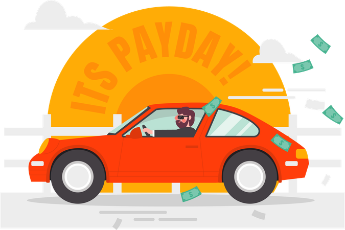 Man Using Car To Celebrate Payday  Illustration