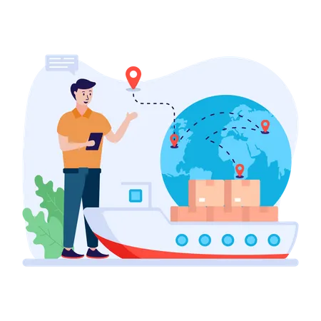 Man using cargo ship to deliver packages Illustration