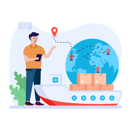 Man using cargo ship to deliver packages  Illustration